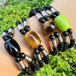 Strand Natural Stone Bracelet Tiger Eye Turquoise Black Onyx Handcrafted Double Layer Leather Stainless Steel Magnetic Buckle Jewelry