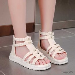 Sandals Summer Sandals for Girls 2023 New Versatile Solid Colour Style Soft Non-slip Flat Casual Weave Shoes for Princess