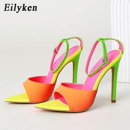 Sandals Eilyken Sexy Pointed Toe High Heels Sandal Summer Fashion Mixed Colour Buckle Strap Women Party Stripper Shoes 230508