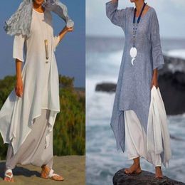 Casual Dresses Women Fashion Irregular Leisure Loose Fitting Linen Shirt Tunic Pullover Blouse Baggy Tops Round Neck Comfy Dress 230508