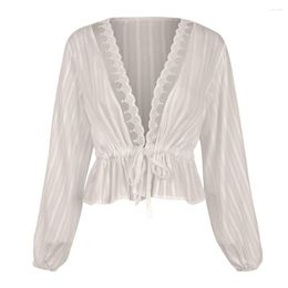 Women's Blouses Trendy Women Clothes Long Sleeve Loose Deep V-Neck Casual Shirts Lace Bandage Geometry Polyester Tops One Pieces