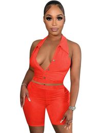 Women's Tracksuits Sexy Knitted Two Piece Tight Set Women Button Up Short Corset Tank Tops And Shorts Turndown Collar High Waist Club Outfit