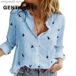 Women's Blouses Shirts Casual Long Sleeve Birds Print Loose Shirts Women Oversized Cotton and Linen Blouses and Tops Vintage Streetwear Tunic Tees T230508