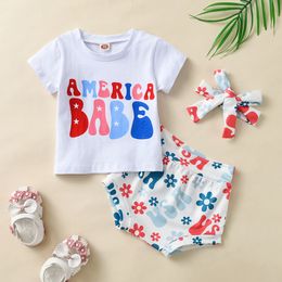 Baby Girls casual outfits summer infants letter short sleeve T-shirt flower printed shorts clothing suit hair accessories toddler casual 3pcs clothes set S2203