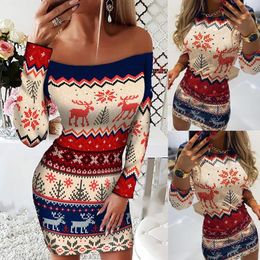 Women's Sweaters Sexy Christmas Print Sweater Dress For Women Slim One-shoulder Or O-neck Long Sleeves Bodycon Dresses
