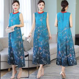 Casual Dresses 2023 Women's Plus Size Floral Print Dress Feminine Summer Vintage Sleeveless Imitate Real Silk Long Maxi Vestidos