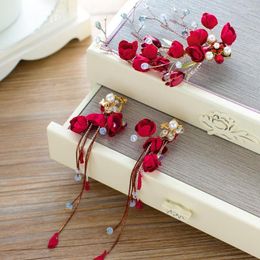 Hair Clips China Red Rose Flowers Beads Long Tassle Earrings Suit Brides Decoration Wedding Accessories