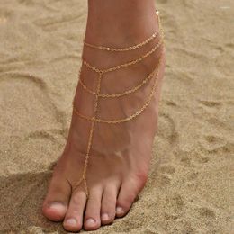 Anklets Bohemian Multilayer Link Chain Anklet For Women Gold Colour Chains Connecting Foot Finger Rings Summer Barefoot Jewellery
