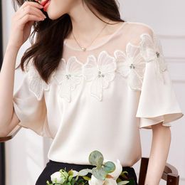 Women's Blouses Elegant Stylish Embroidered Blouse Women Summer Fashion Short Sleeve Beading Diamond Silk Shirts Casual O-neck Satin Tops