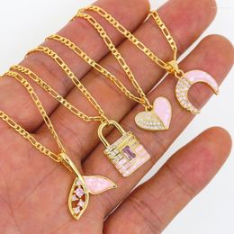 Pendant Necklaces Ins Necklace Pink Crystal Stone Cubic Zircon Gold Plated Brass High Quality LOVE Word Lock Star Heart Shape Choker