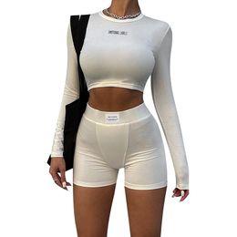 Women's Tracksuits Spring Knitted Long Sleeve Crop Top And Black Shorts Two Piece Sets Women Streetwear Casual Outfits Sexy Set