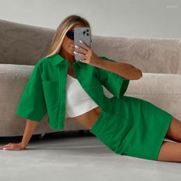 Women's Tracksuits Two-piece Women's Summer Suit With Skirt 2023 Green Buttons Short Shirts Top Cotton Mini Skirts Two Piece Set For
