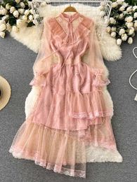 Casual Dresses Runway Lace Embroidered Pink Dress 2023 Spring Women Long Sleeve Flower Embroidery Irregular Office Party Midi N6779