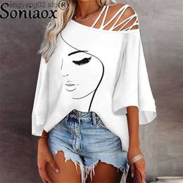 Women's Blouses Shirts 2022 Fashion Autumn Women's Sexy Diagonal Collar Off Shoulder Printed Pattern T-Shirt Hollow Casual Loose Half Sleeve New Tops T230508