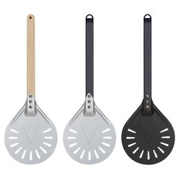 Baking Moulds Pizza Turning small Pizza Peel Paddle Short round Pizza Tool Non Slip wooden Handle 7 8 9 inch Perforated Pizza Shovel Aluminum 230506