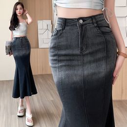 Women's gradient Colour jeans skirts high waist bodycon tunic denim fabric mermaid midi long skirt SMLXL