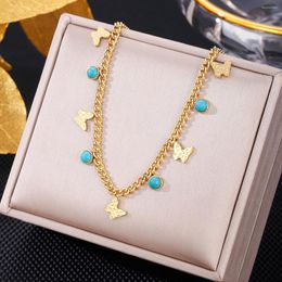 Chains 316L Stainless Steel Green Stone Crystal Necklace For Women Bohemian Ethnic Chain Butterfly Choker Wedding Party Jewellery Gift