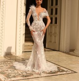 Luxury Mermaid Prom Dresses One Long Sleeve V Neck Appliques Sequins Beaded 3D Lace Hollow Pearls Beaded Floor Length Evening Dress Bridal Gowns Plus Size Custom Made