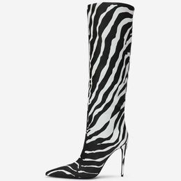 2022 winter women's new pointed super high thin heel zebra sleeve green stone sexy knee high boots 230508