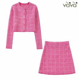 Women rose pink Colour single breasted 2 pc dress suit short sweater and skirt twinset SML