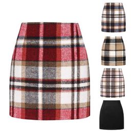 Skirts Autumn Winter Plaid Wool Mini Skirt for Women Woollen Checked Vintage Office Ladies High Waist Pencil Bodycon Short Skirt P230508