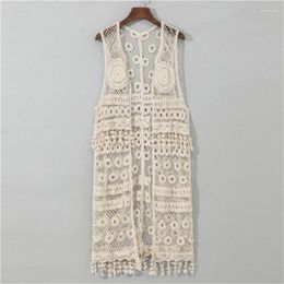 Women's Blouses Boho Beach Crop Up Casual Long Cardigan Hollow Out Crochet Tops Women Sleeveless Lace Blouse Shirt With Tassel Kimono