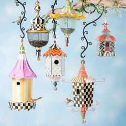 Swings Bird Feeder with Roof Hanging Birdhouse Delicate Garden Decorations Metal Bird House Nest for Small Finch Wild Birds