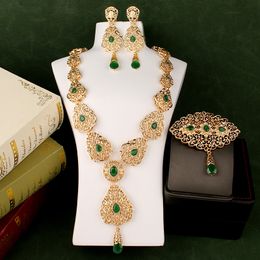 Pendant Necklaces Water Drop Earring Set for Women Morocco Wedding Green Gold Plated Bridal Jewellery Sets Bijoux 230506