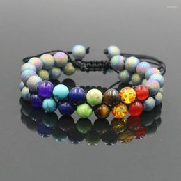 Strand 7 Chakra Double Layer Row Bracelet Twine Braid Adjustable For Women Men Turquoise Lava Rock Beads Heal Jewellery