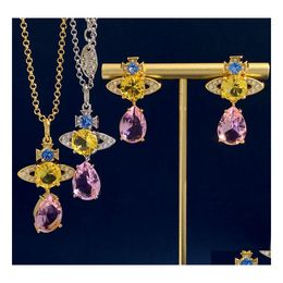 Wedding Jewellery Sets Luxurious Designer Ladies Necklaces Ear Studs Necklace Earring With Blue Pink White Crystal Diamonds Planet Pen Dhh7G