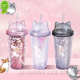 New 420ml Cat Ear Water Bottle for Girls with Sequins Bpa Free Double Wall Tumbler with Straw Reusable Smoothie Cup Drinkware