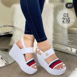 Sandals Wedge Heel Thick Sole Ladies Sandals Summer Set Foot Colour Matching Fashion Word Buckle Roman Casual Women's Shoes J885 230508