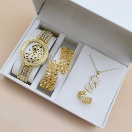 Wristwatches Women Quartz Watch Jewerly Set Fashion Bling Casual Ladies Female Gold Plated Bangle Leaf Bracelet Ring Letter Necklace