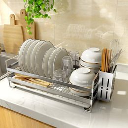Organization 304 Stainless Steel Sink Stand Dish Drying Rack with Drainer Cutelry Storage Box Tableware Bowls Plates Organization Shelf