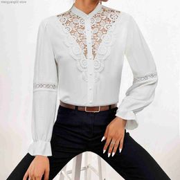 Women's Blouses Shirts white lace patchwork shirt blouse women casual long sleeve pink button shirt tops sexy lady office hollow out blouses black T230508