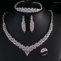 Necklace Earrings Set Luxury Floral Zircon Wedding Jewelry Fashion Bridal White Bracelet Ring Shiny Crystal