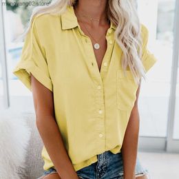 Women's Blouses Shirts Women Tops Summer Short Sleeve Blouses Office Ladies Top Casual Turn Down Collar Button Up Shirt Woman Solid Color Office Blusas T230508