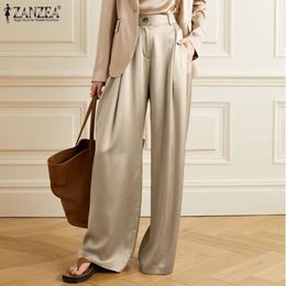 Capris Summer Stylish Satin Trousers Women Solid Office OL Pantalon Palazzo ZANZEA Elegant Solid Wide Leg Pants Casual Loose Culottes