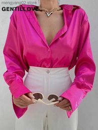 Women's Blouses Shirts Elegant Solid Simple Lapel Oversized Blouse and Shirt Women Spring Summer Long Sleeve Satin Tops Blue Chic Tunics Streetwear T230508