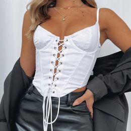 Women's Tanks Spaghetti Straps Cross Hollow Lace-up Bustiers Crop Tops Fashion Women Solid Colour Wrap Tube Camis Back Zip Up Vest