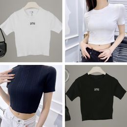 Designer Womens T-Shirt knit Embroidery tee top Shorts Angram Cropped Tops Hollow out Crew Neck Sleeve Sports Shorts Ladies solid Elastic Femme Vintage Tshirts Tees