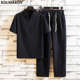 Men's Tracksuits T-shirt pants Summer Men's Fashion Casual Pure Cotton and Linen Two-Piece Large Size High Quality Two-Piece Set 5XL 230508