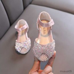 Sandals Little Girl Sequin Sandals Summer New Rhinestone Bow Princess Sandals Fashion Bling Kids Wedding Soft Flat Sandals Size 21-36