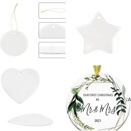 Stock Sublimation Blank White Chirstmas Engaged Customized Ornament Round Heart Circle Star Shape Ceramic Xmas Tree Decor Hangtag 0624