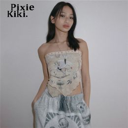 Camisoles Tanks PixieKiki Sexy Summer Tube Top Vintage Print Graphic Tees Streetwear Woman Tie Up Strapless Cropped Tank Tops P71AI11 230508