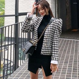 Women's Jackets High Quality Women Elegant Houndstooth Patchwork Tweed Coat Single-breasted Puff Sleeve Jacket Office Wear Female Casual