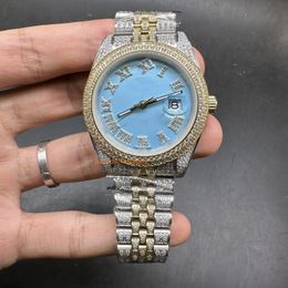 Men's CZ Diamond Fashion Watches Bi-Gold Stainless Steel Hand Inlaid Diamond Watches Blue Face Automatic Mechanical Business Watch