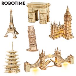 3D Puzzles Robotime 3D Wooden Puzzle Game Big Ben Tower Bridge Pagoda Building Model Toys For Children Kids Birthday Gift 230508
