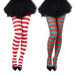 Women Socks 2 Set Christmas Striped Tights Thigh High Stretch Pantyhose Red White Green 100-110Cm For Supplies