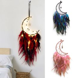Decorative Objects Figurines Cute Dream Catcher to Hang Home Decoration Moon Dreamcatcher Feather Ornaments Wall Hanging Interior Kid Room 230508
